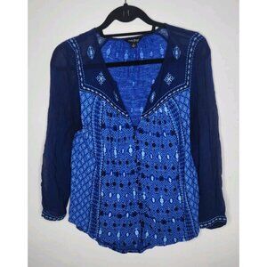 Lucky Brand Long Sleeve Boho Knit & Woven Relaxed Button Down Blouse Size S